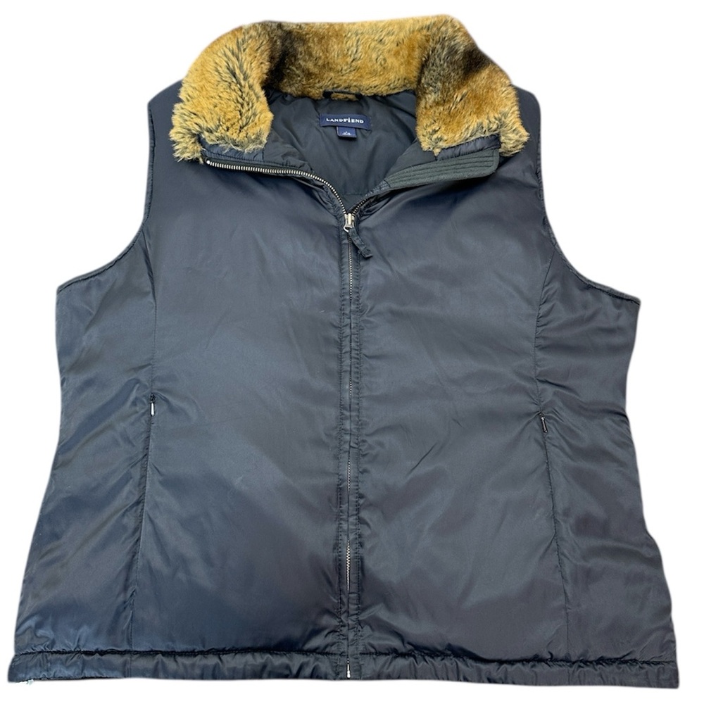 Lands End‎ Goose Down Zip Vest Faux Fur Collar L (14-16) Zipper Pockets